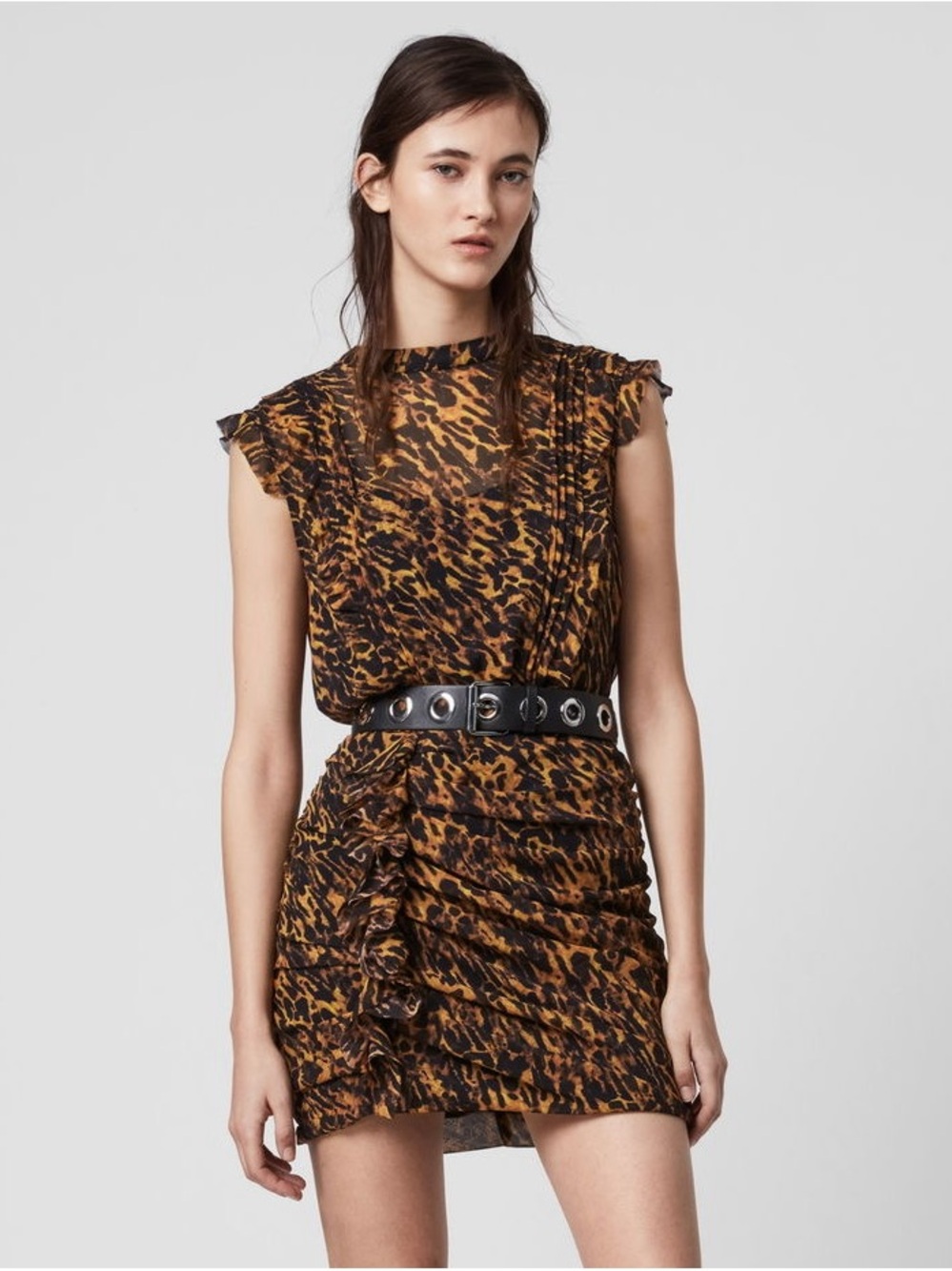 All Saints Leopard Print Ruffle Mini Dress - Brown/Black